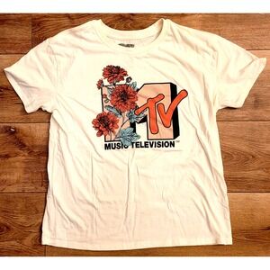 MTV Kids Shirt Large White Classic Logo Floral Cotton 80s 90s Music Television